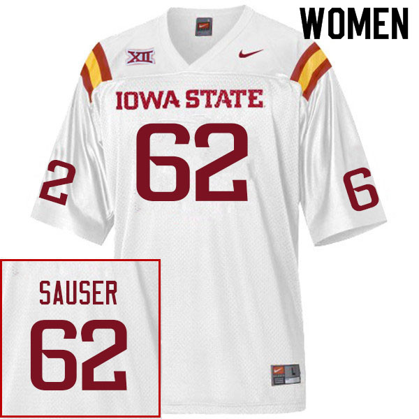 Women #62 Dodge Sauser Iowa State Cyclones College Football Jerseys Sale-White - Click Image to Close